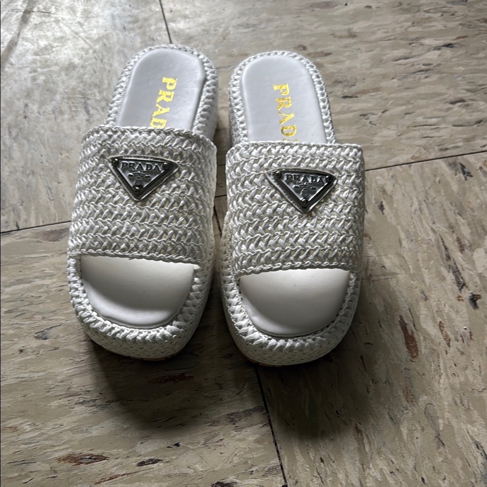 Prada White Woven Slide Sandals CPY